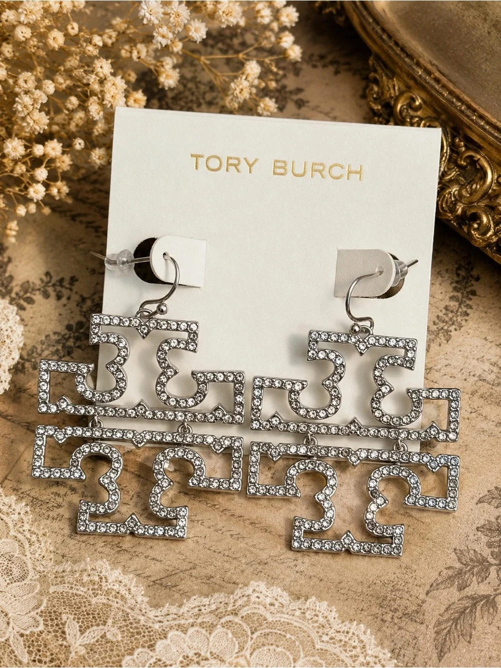 TORY BURCH • Silver Britten Crystal Logo Drop Earrings